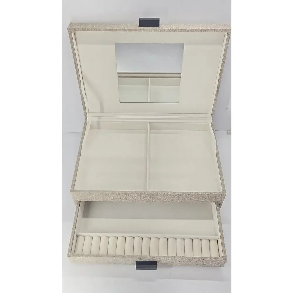 Jewelry Box 2 Tier Organizer Mirror Ring Storage Fabric Covered Beige